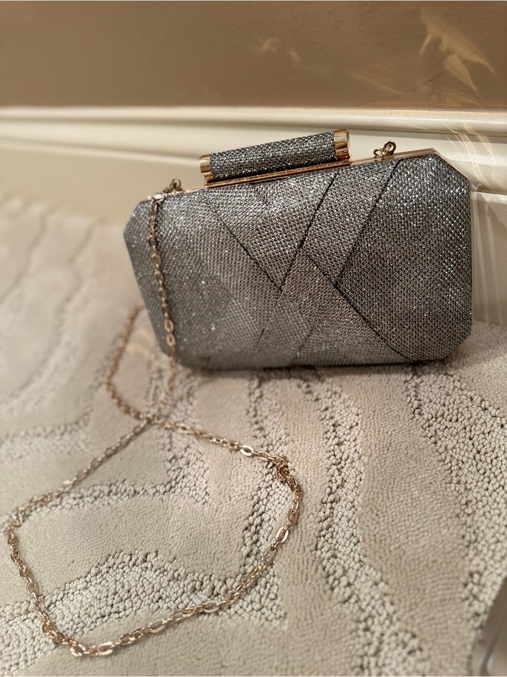 INC International Concepts Silver Sparkle Evening Clutch with Gold Chain